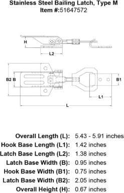 Stainless Steel Bailing Latch, Type M 8 Stainless Steel Bailing Latch, Type M -E-rigging Store Stainless Steel Bailing Latch Type M specification diagram