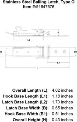 Stainless Steel Bailing Latch, Type O -E-rigging Store Stainless Steel Bailing Latch Type O specification diagram