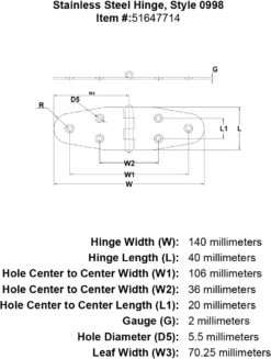 Style 0998 Hinge -E-rigging Store Stainless Steel Hinge Style 0998 specification diagram