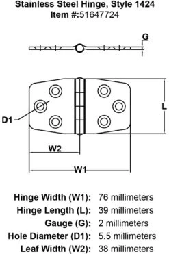 Style 1424 Hinge -E-rigging Store Stainless Steel Hinge Style 1424 specification diagram