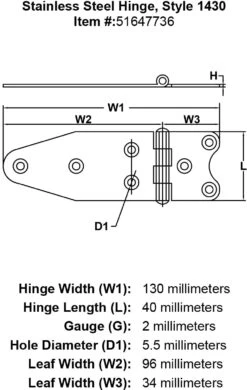 Style 1430 Hinge -E-rigging Store Stainless Steel Hinge Style 1430 specification diagram