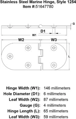 Style 1254 Hinge -E-rigging Store Stainless Steel Marine Hinge Style 1254 specification diagram