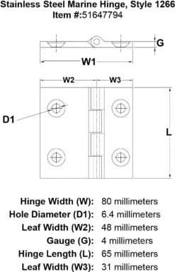 Style 1266 Hinge -E-rigging Store Stainless Steel Marine Hinge Style 1266 specification diagram