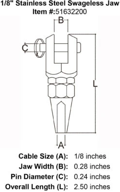 Stainless Steel Swageless Jaw -E-rigging Store eighth inch stainless steel swageless jaw specification diagram