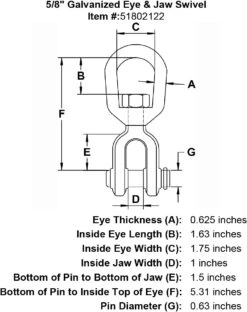 Galvanized Drop Forged Jaw X Eye Swivels -E-rigging Store five eighths inch Eye Jaw Swivel specification diagram