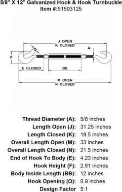 Galvanized Hook & Hook Turnbuckle 37 Galvanized Hook & Hook Turnbuckle -E-rigging Store five eighths inch X 12 inch Hook Hook Turnbuckle specification diagram