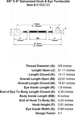 Galvanized Hook & Eye Turnbuckle 37 Galvanized Hook & Eye Turnbuckle -E-rigging Store five eighths inch X 6 inch Hook Eye Turnbuckle specification diagram