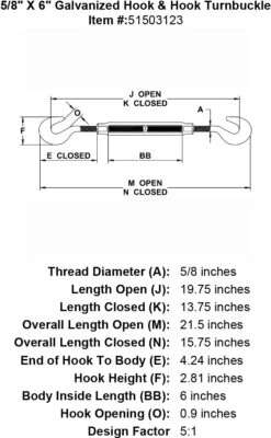 Galvanized Hook & Hook Turnbuckle 36 Galvanized Hook & Hook Turnbuckle -E-rigging Store five eighths inch X 6 inch Hook Hook Turnbuckle specification diagram