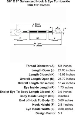 Galvanized Hook & Eye Turnbuckle 38 Galvanized Hook & Eye Turnbuckle -E-rigging Store five eighths inch X 9 inch Hook Eye Turnbuckle specification diagram