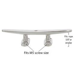 Stainless Low Profile Flat Top Deck Cleats, Bluewater Style -E-rigging Store five inch SS Low Flat Deck Cleat Style B screw and rope size graphic