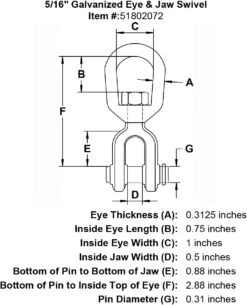 Galvanized Drop Forged Jaw X Eye Swivels -E-rigging Store five sixteenths inch Eye Jaw Swivel specification diagram