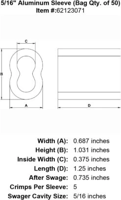 Aluminum Hourglass Sleeves 37 Aluminum Hourglass Sleeves -E-rigging Store five sixteenths inch Sleeve specification diagram