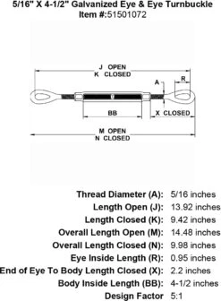 Galvanized Eye & Eye Turnbuckle -E-rigging Store five sixteenths inch X 4 half inch Eye Eye Turnbuckle specification diagram