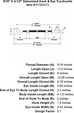Galvanized Hook & Eye Turnbuckle 32 Galvanized Hook & Eye Turnbuckle -E-rigging Store five sixteenths inch X 4 half inch Hook Eye Turnbuckle specification diagram