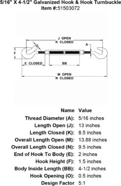 Galvanized Hook & Hook Turnbuckle 31 Galvanized Hook & Hook Turnbuckle -E-rigging Store five sixteenths inch X 4 half inch Hook Hook Turnbuckle specification diagram