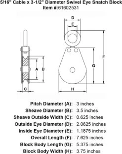 Swivel Eye Snatch Blocks -E-rigging Store five sixteenths inch hd swivel eye snatch block specification diagram
