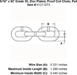 Lynx Grade 30 Zinc Plated Chain -E-rigging Store five sixteenths inch x 92 foot Grade 30 Zinc plated chain specification diagram