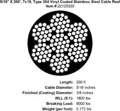 PRO Strand 7x19 Type 304 Vinyl Coated Stainless Steel Cable -E-rigging Store five sixteenths x 200 foot coated stainless cable specification diagram
