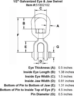 Galvanized Drop Forged Jaw X Eye Swivels -E-rigging Store half inch Eye Jaw Swivel specification diagram