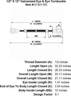 Galvanized Eye & Eye Turnbuckle -E-rigging Store half inch X 12 inch Eye Eye Turnbuckle specification diagram