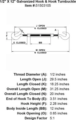 Galvanized Hook & Hook Turnbuckle 35 Galvanized Hook & Hook Turnbuckle -E-rigging Store half inch X 12 inch Hook Hook Turnbuckle specification diagram