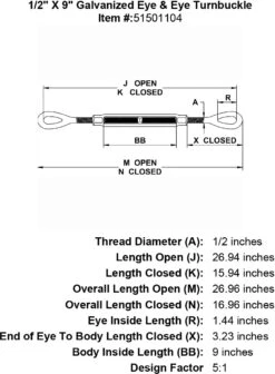 Galvanized Eye & Eye Turnbuckle -E-rigging Store half inch X 9 inch Eye Eye Turnbuckle specification diagram