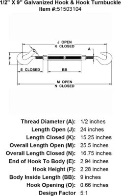 Galvanized Hook & Hook Turnbuckle 34 Galvanized Hook & Hook Turnbuckle -E-rigging Store half inch X 9 inch Hook Hook Turnbuckle specification diagram