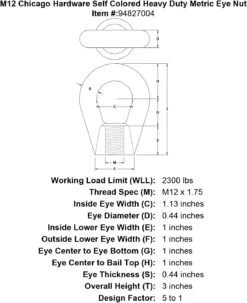 Chicago Hardware Self Colored Heavy Duty Metric Eye Nuts 27 Chicago Hardware Self Colored Heavy Duty Metric Eye Nuts -E-rigging Store m12 chicago hardware self colored heavy duty metric eye nut specification diagram