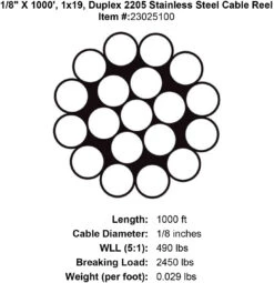 Grand Strand X 1x19 Duplex 2205 Stainless Steel Cable 23 Grand Strand X 1x19 Duplex 2205 Stainless Steel Cable -E-rigging Store one eighth x 1000 foot 1 x 19 duplex 2205 stainless cable specification diagram