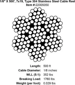 PRO Strand 7x19 Type 304 Stainless Steel Cable -E-rigging Store one eighth x 500 foot stainless cable specification diagram