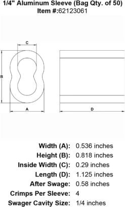 Aluminum Hourglass Sleeves 36 Aluminum Hourglass Sleeves -E-rigging Store quarter inch Sleeve specification diagram