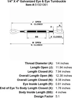 Galvanized Eye & Eye Turnbuckle -E-rigging Store quarter inch X 4 inch Eye Eye Turnbuckle specification diagram