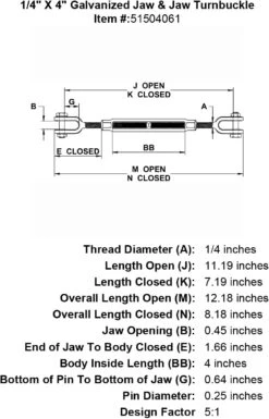 Galvanized Jaw & Jaw Turnbuckle -E-rigging Store quarter inch X 4 inch Jaw Jaw Turnbuckle specification diagram