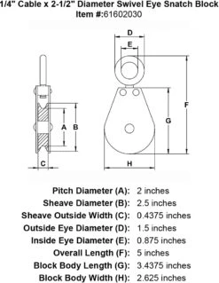 Swivel Eye Snatch Blocks -E-rigging Store quarter inch swivel eye snatch block specification diagram