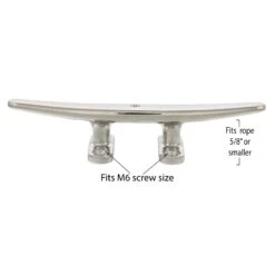 Stainless Low Profile Flat Top Deck Cleats, Bluewater Style -E-rigging Store six inch SS Low Flat Deck Cleat Style B screw and rope size graphic