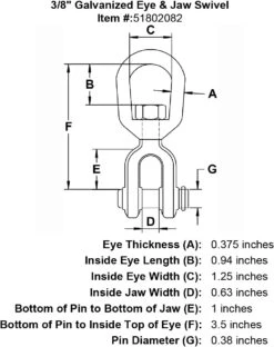 Galvanized Drop Forged Jaw X Eye Swivels -E-rigging Store three eighths inch Eye Jaw Swivel specification diagram