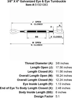Galvanized Eye & Eye Turnbuckle -E-rigging Store three eighths inch X 6 inch Eye Eye Turnbuckle specification diagram