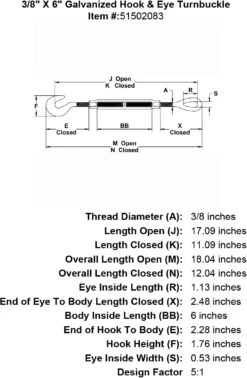 Galvanized Hook & Eye Turnbuckle 33 Galvanized Hook & Eye Turnbuckle -E-rigging Store three eighths inch X 6 inch Hook Eye Turnbuckle specification diagram