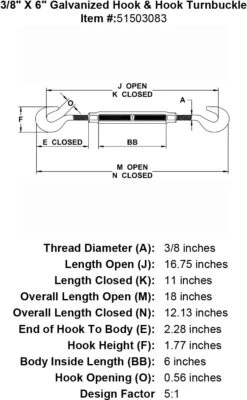 Galvanized Hook & Hook Turnbuckle 32 Galvanized Hook & Hook Turnbuckle -E-rigging Store three eighths inch X 6 inch Hook Hook Turnbuckle specification diagram