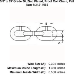 Lynx Grade 30 Zinc Plated Chain -E-rigging Store three eighths inch x 63 foot Grade 30 Zinc plated chain specification diagram