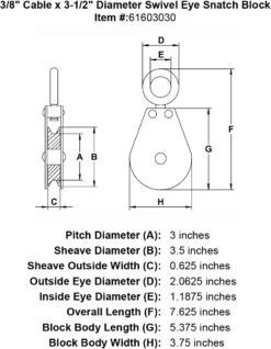 Swivel Eye Snatch Blocks -E-rigging Store three eigths inch swivel eye snatch block specification diagram