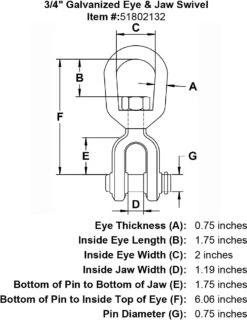 Galvanized Drop Forged Jaw X Eye Swivels -E-rigging Store three quarter inch Eye Jaw Swivel specification diagram