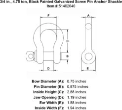 Black Powder Coated Galvanized Screw Pin Anchor Shackle -E-rigging Store three quarter inch black screw pin shackle specification diagram