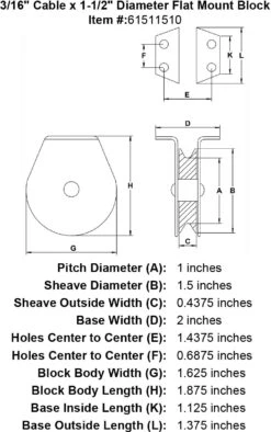 Flat Mount Blocks -E-rigging Store three sixteenths inch flat mount block specification diagram