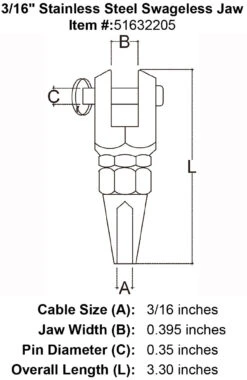 Stainless Steel Swageless Jaw -E-rigging Store three sixteenths inch stainless steel swageless jaw specification diagram
