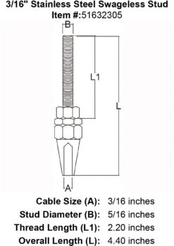 Stainless Steel Swageless Stud 12 Stainless Steel Swageless Stud -E-rigging Store three sixteenths inch stainless steel swageless stud specification diagram