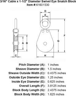 Swivel Eye Snatch Blocks -E-rigging Store three sixteenths inch swivel eye snatch block specification diagram