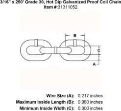 Lynx Grade 30 Hot Dip Galvanized Chain -E-rigging Store three sixteenths inch x 250 foot Grade 30 galvanized chain specification diagram