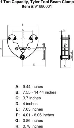 Beam Clamps -E-rigging Store tyler 1 ton beam clamp specification diagram