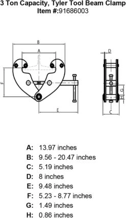 Beam Clamps -E-rigging Store tyler 3 ton beam clamp specification diagram